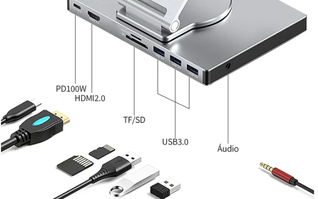 Suporte Bravolar com HUB USB-C 6 em 1 para Notebook e Tablet – Alumínio, Rotação 360°