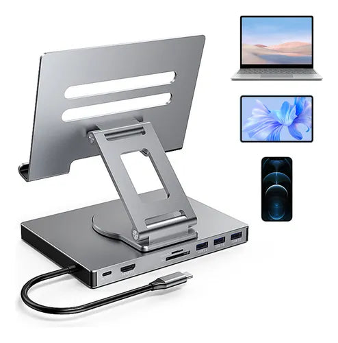 Suporte Bravolar com HUB USB-C 6 em 1 para Notebook e Tablet – Alumínio, Rotação 360°