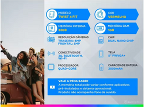 Smartphone Pos Vermelho 32GB | Tela 5” | Câmera 8MP + Selfie 5MP | Dual Chip