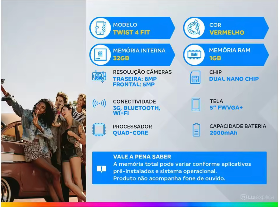 Smartphone Pos Vermelho 32GB | Tela 5” | Câmera 8MP + Selfie 5MP | Dual Chip